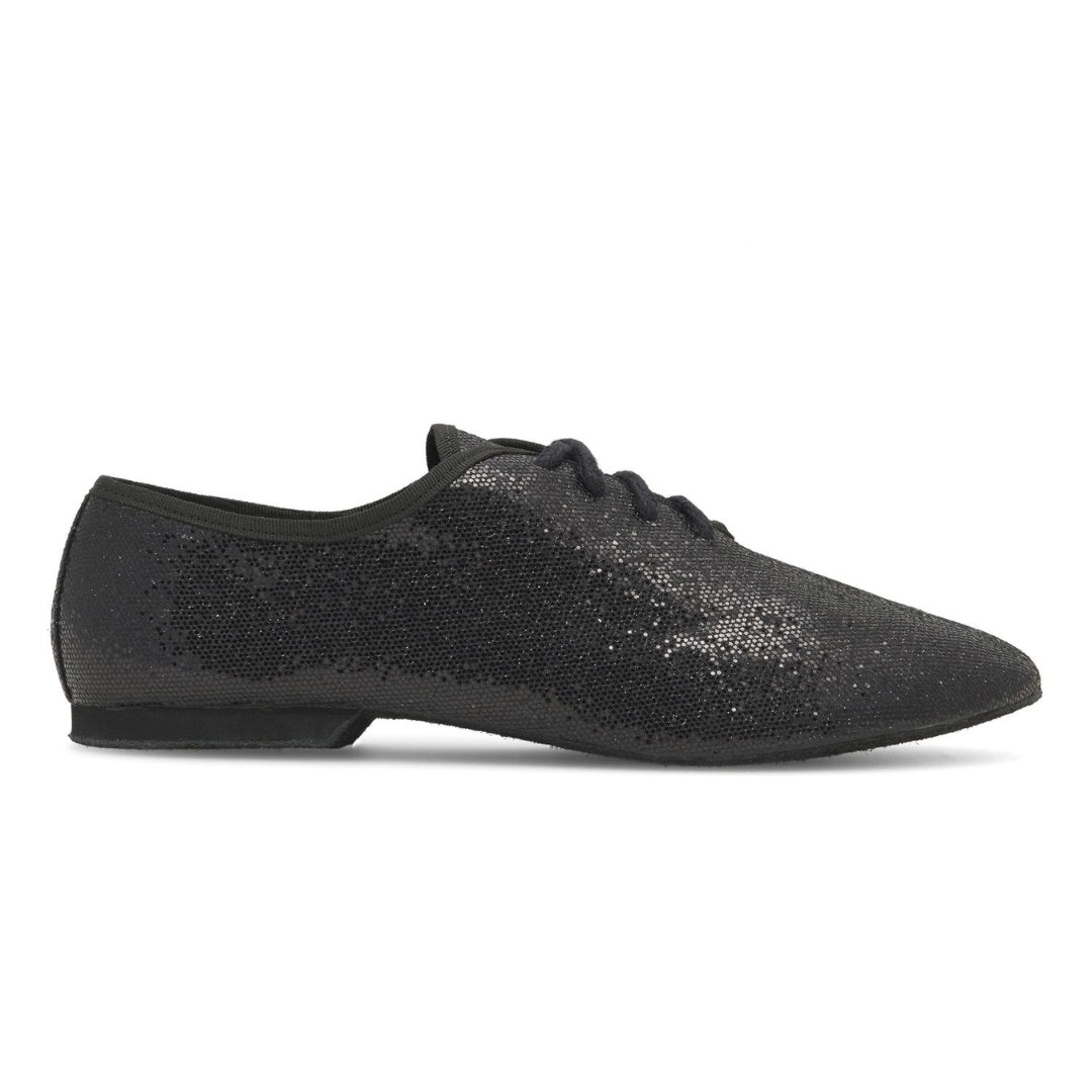 JZE79 So Danca funkelnd schwarze Jazzschuhe von Rumpf, niedriger Absatz & Schnürung, hoher Tragekomfort, Seitenansicht.